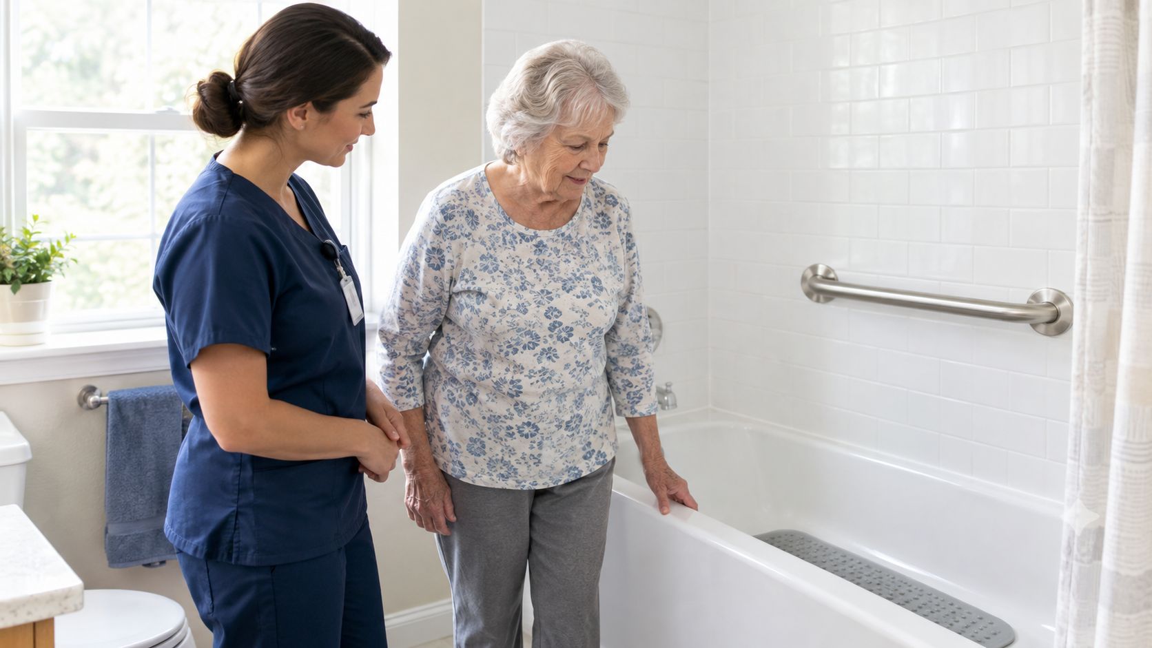 A professional female caregiver assisting an elderly woman in a safely equipped bathroom for daily care.