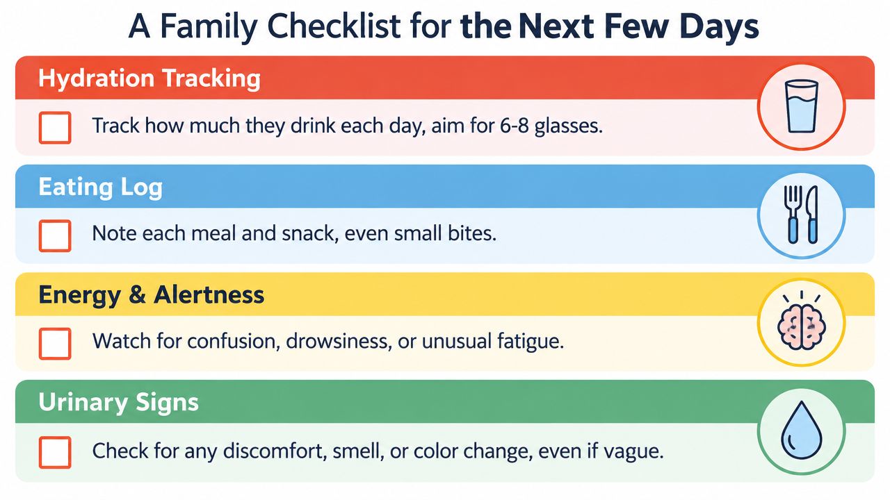 A family checklist guide for monitoring daily hydration, eating habits, energy levels, and urinary health symptoms.