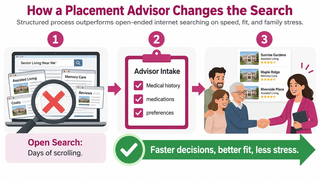 An infographic showing how a placement advisor simplifies the senior living search process to reduce stress.