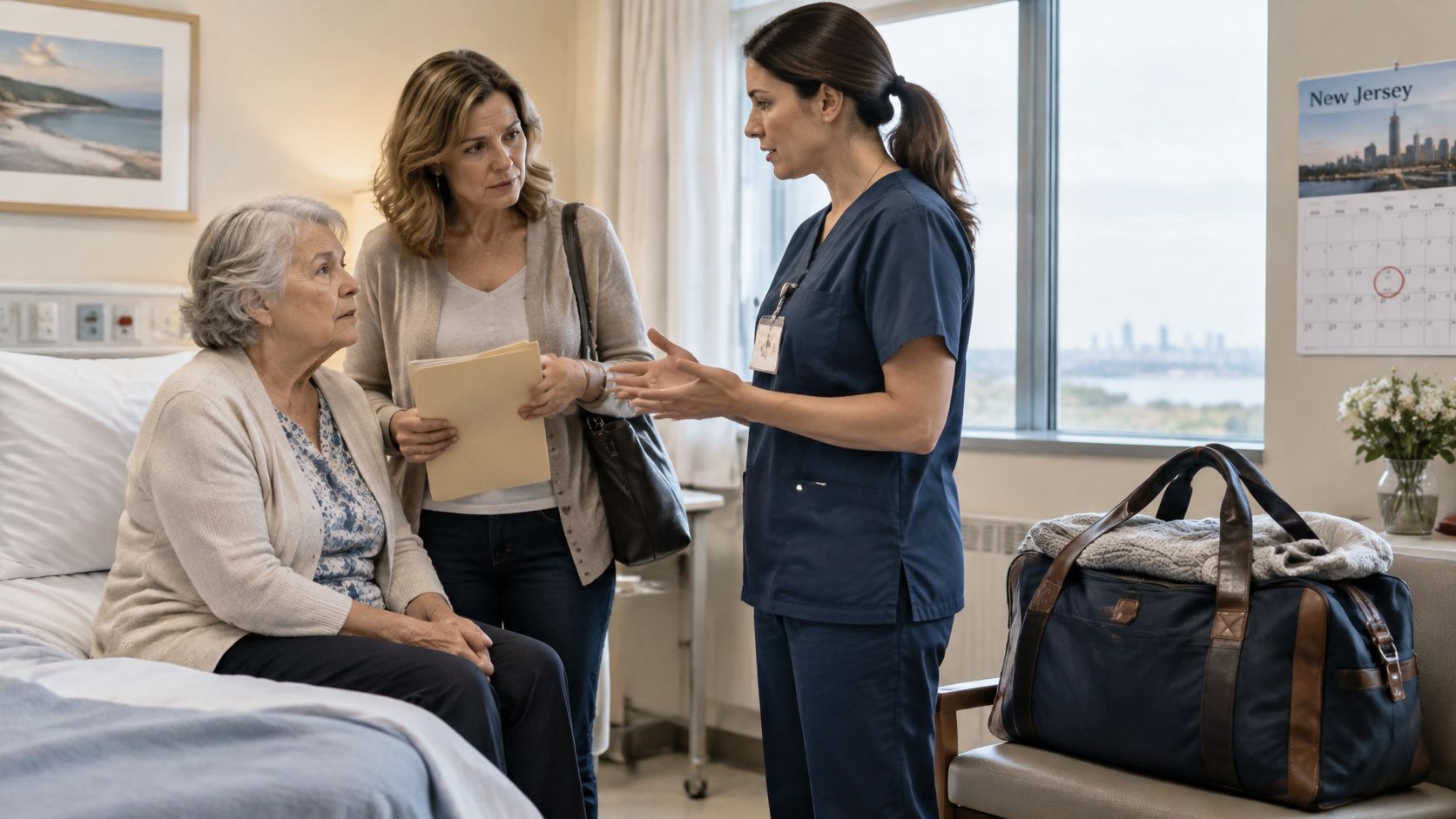 A nurse explains healthcare plans to an elderly woman and her daughter in a hospital room.