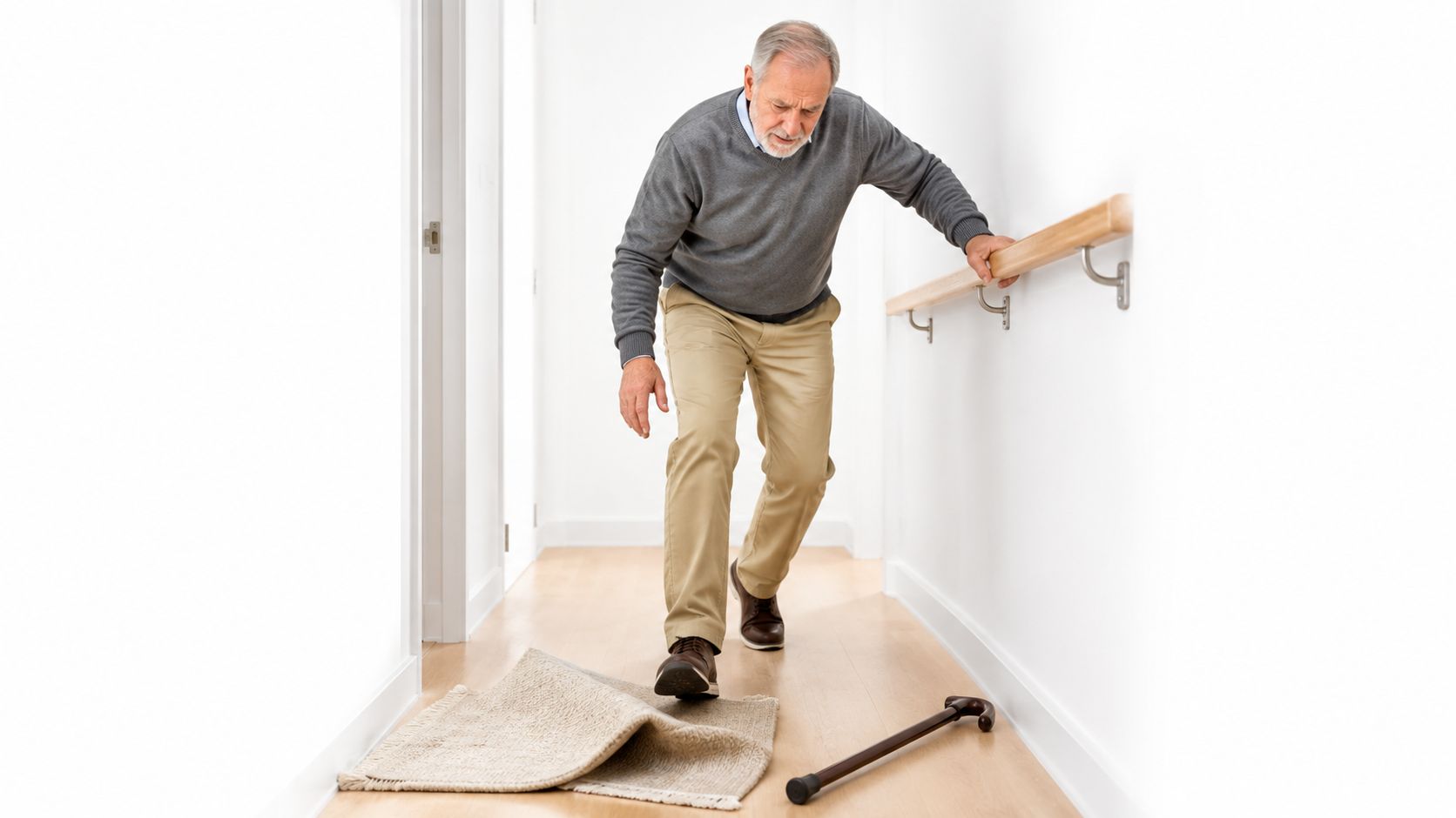 An elderly man tripping over a rug in a hallway while holding onto a wall mounted railing.