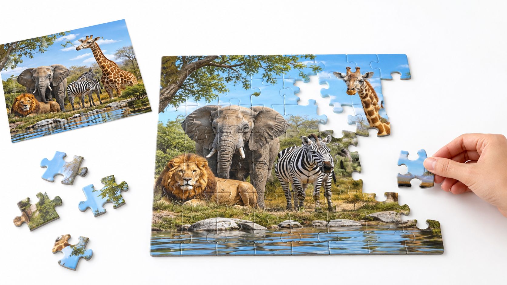 A hand placing a puzzle piece into a jigsaw depicting African wildlife including lions, elephants, and zebras.
