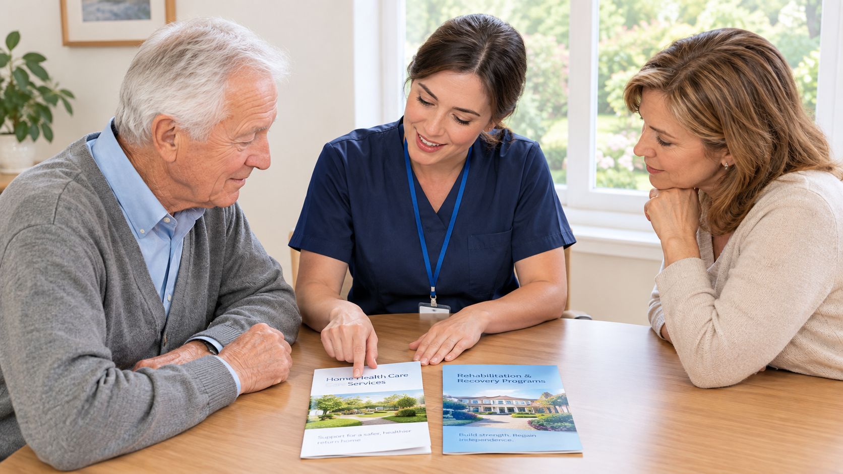 A smiling healthcare professional explains brochures about home health and rehabilitation services to an elderly couple.