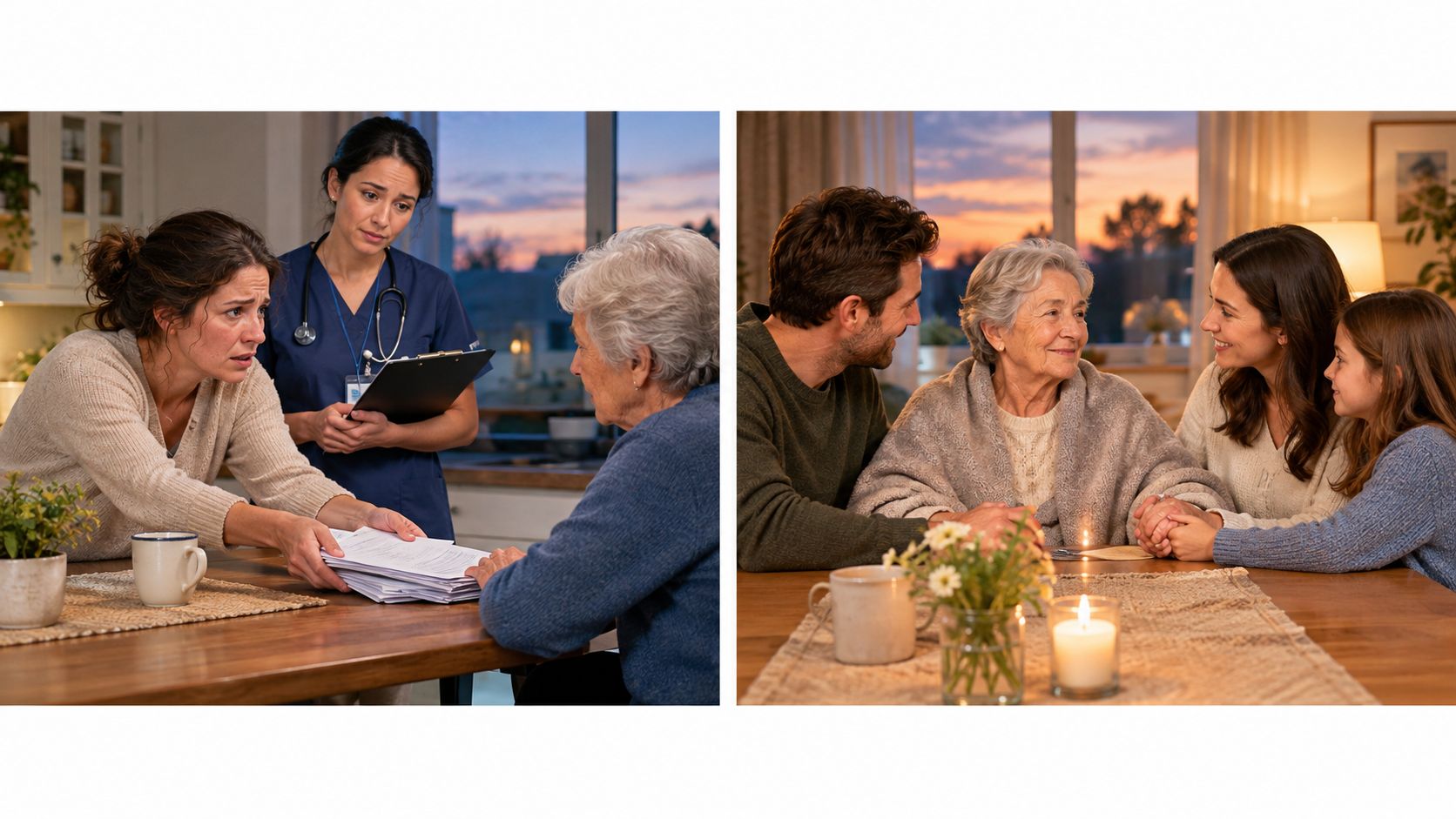 A comparison showing a home medical consultation and a peaceful family gathering with an elderly woman.