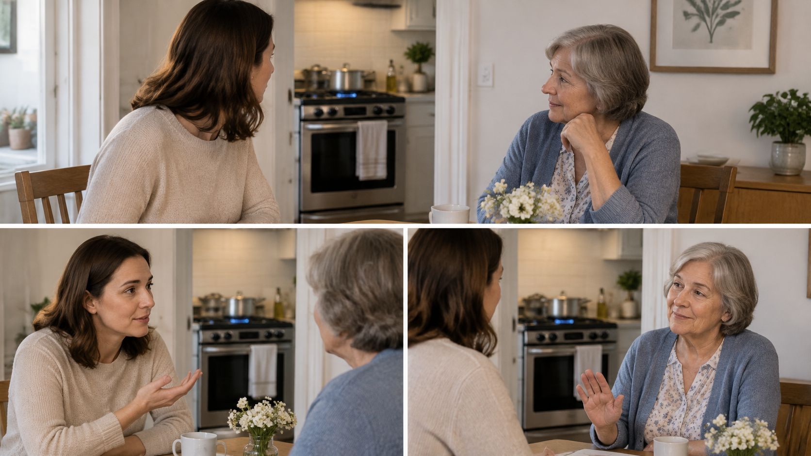 An adult daughter having a heartfelt conversation with her elderly mother while sitting at a kitchen table.