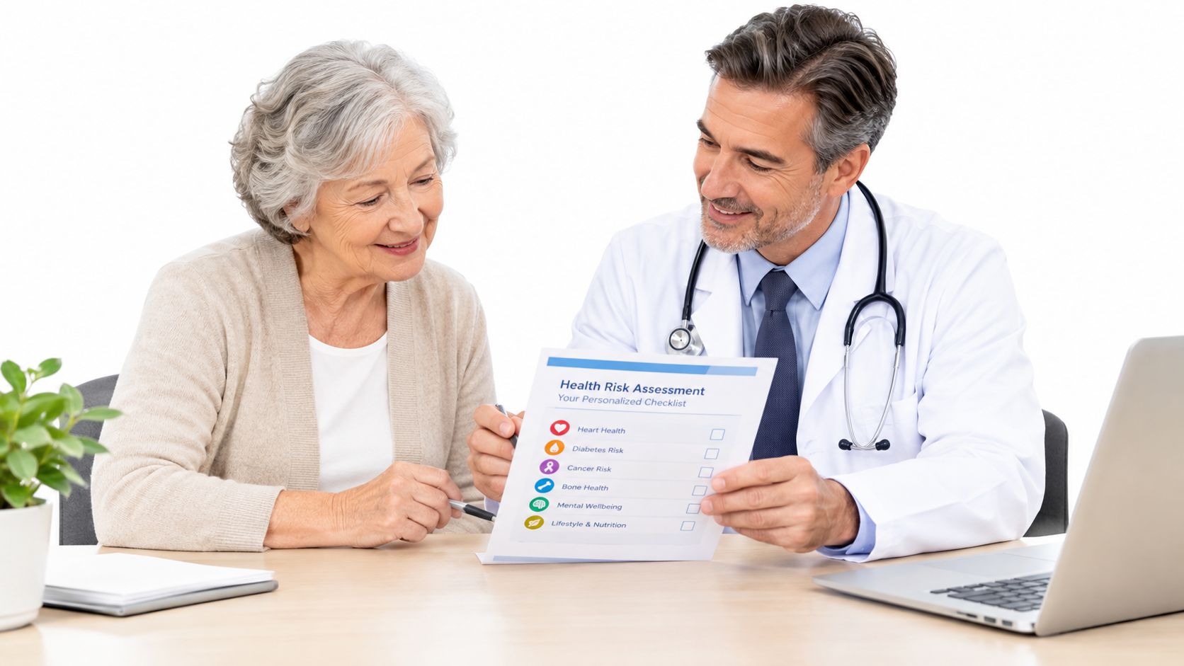 A smiling male doctor discusses a health risk assessment checklist with an elderly female patient in office.