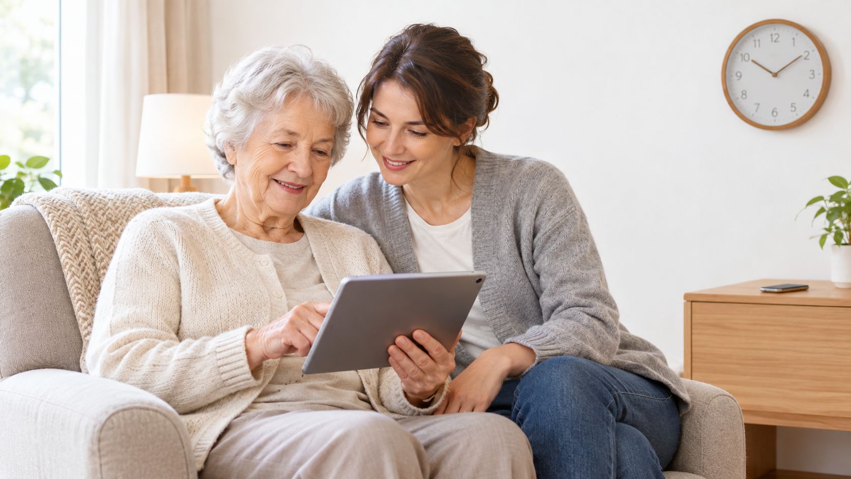 A young woman sitting with an elderly woman on a couch, helping her use a digital tablet.