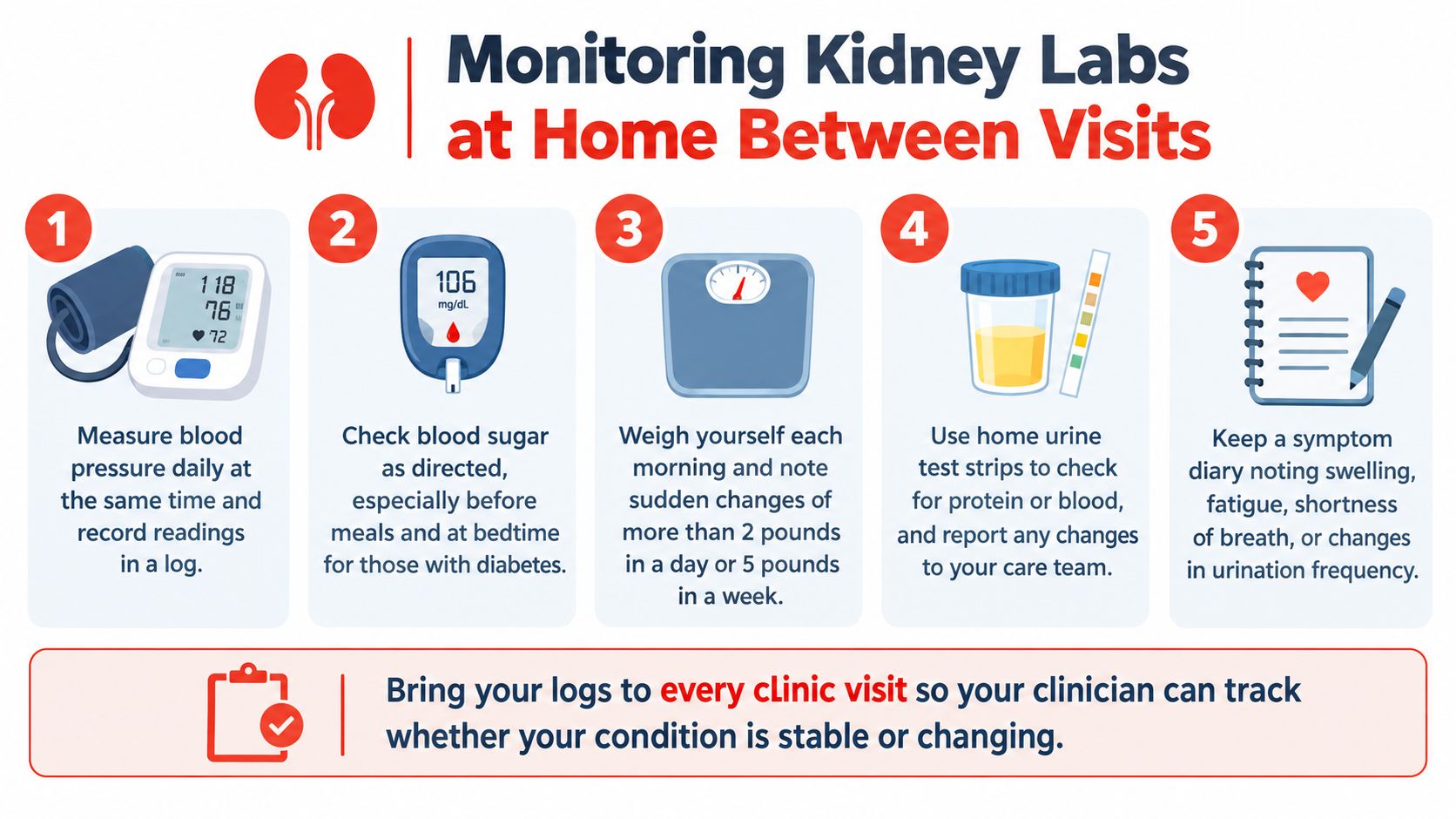 An infographic showing five steps for monitoring kidney health at home between doctor appointments.