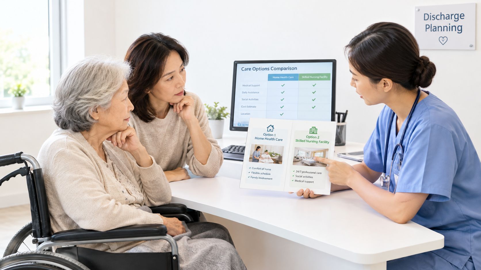A healthcare professional explains care options to an elderly woman in a wheelchair and her daughter.