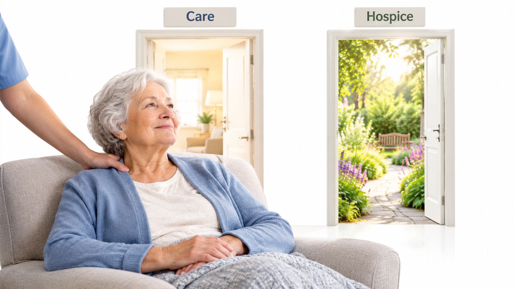 An elderly woman sitting in a chair being comforted by a caregiver with hospice doorway options.