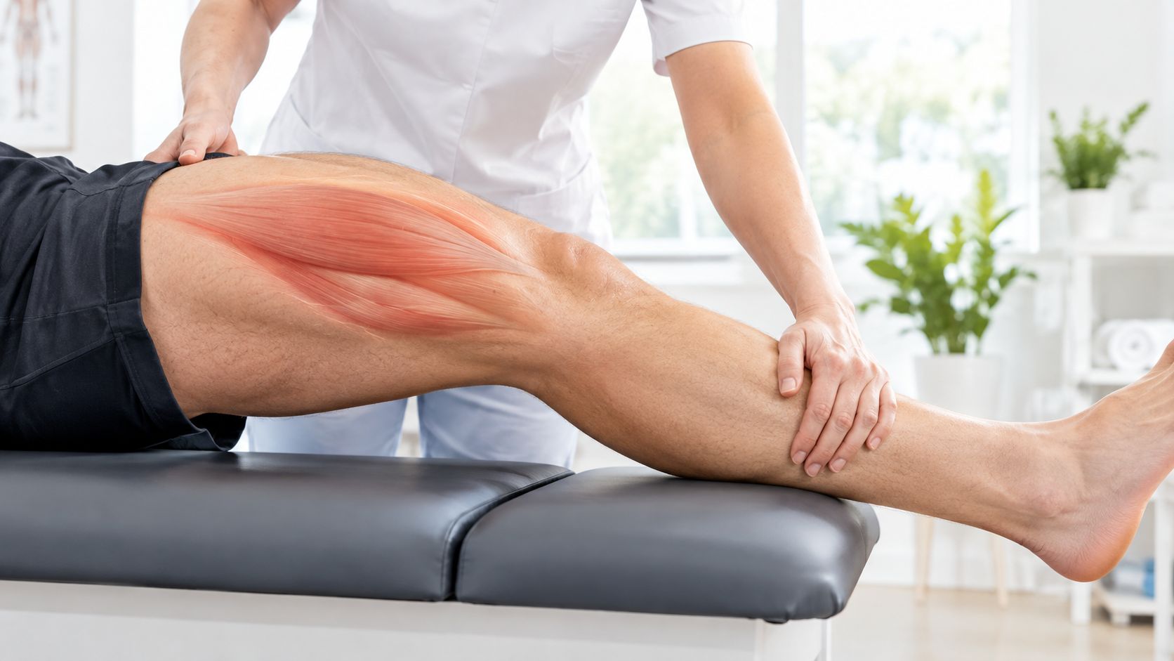 A physical therapist performing a leg examination on a patient, focusing on the quadriceps muscle group.