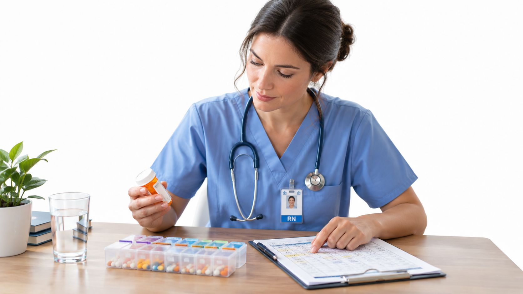 A professional nurse in scrubs reviewing a medication schedule and preparing pills for a patient.