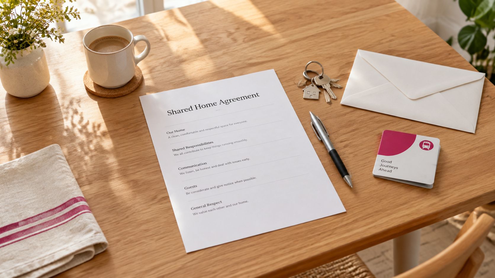 A wooden table with a Shared Home Agreement document, keys, a pen, and a coffee mug.