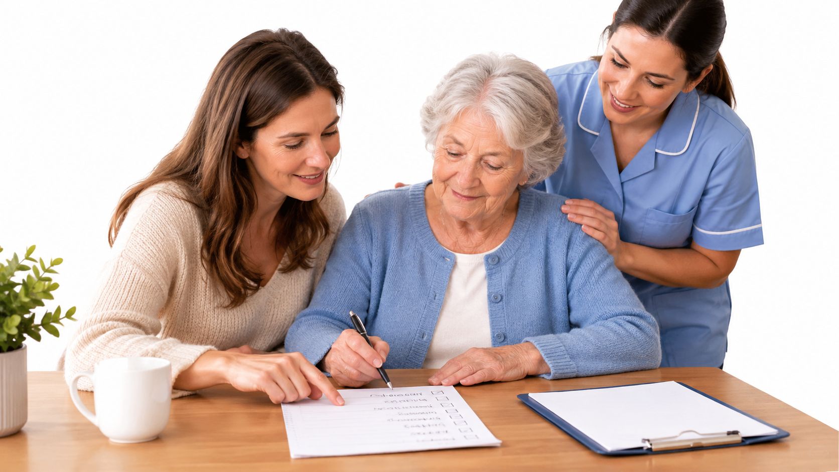 A caregiver and a woman supporting an elderly senior while she fills out a checklist at home.