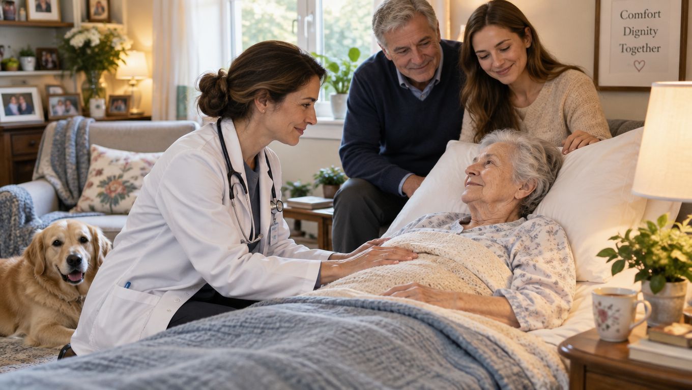 A compassionate doctor comforts an elderly woman resting in a hospital bed with her family nearby.