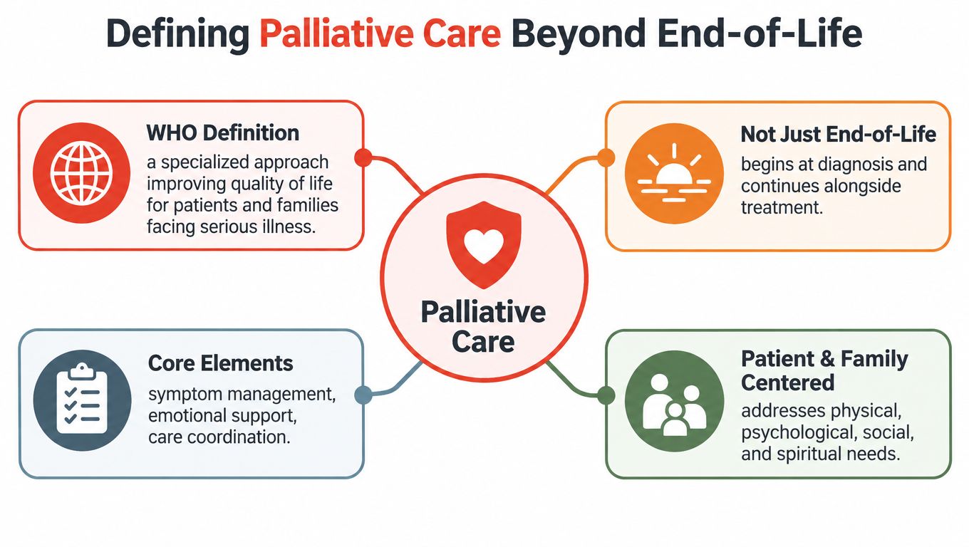 An infographic defining palliative care, highlighting its focus on quality of life, diagnosis, and patient-centered support.