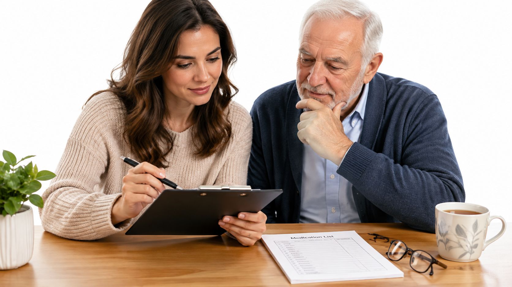 A young woman and an elderly man reviewing a medication list form during an annual wellness visit.
