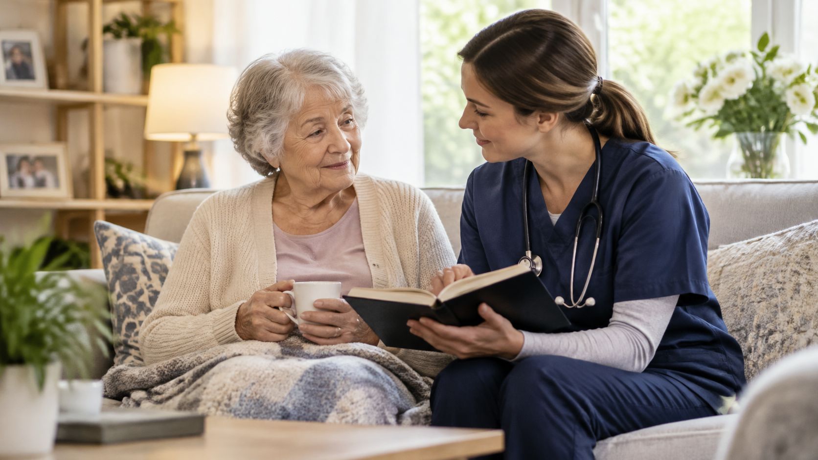 A kind nurse sitting on a sofa and reading a book to an elderly woman at home.