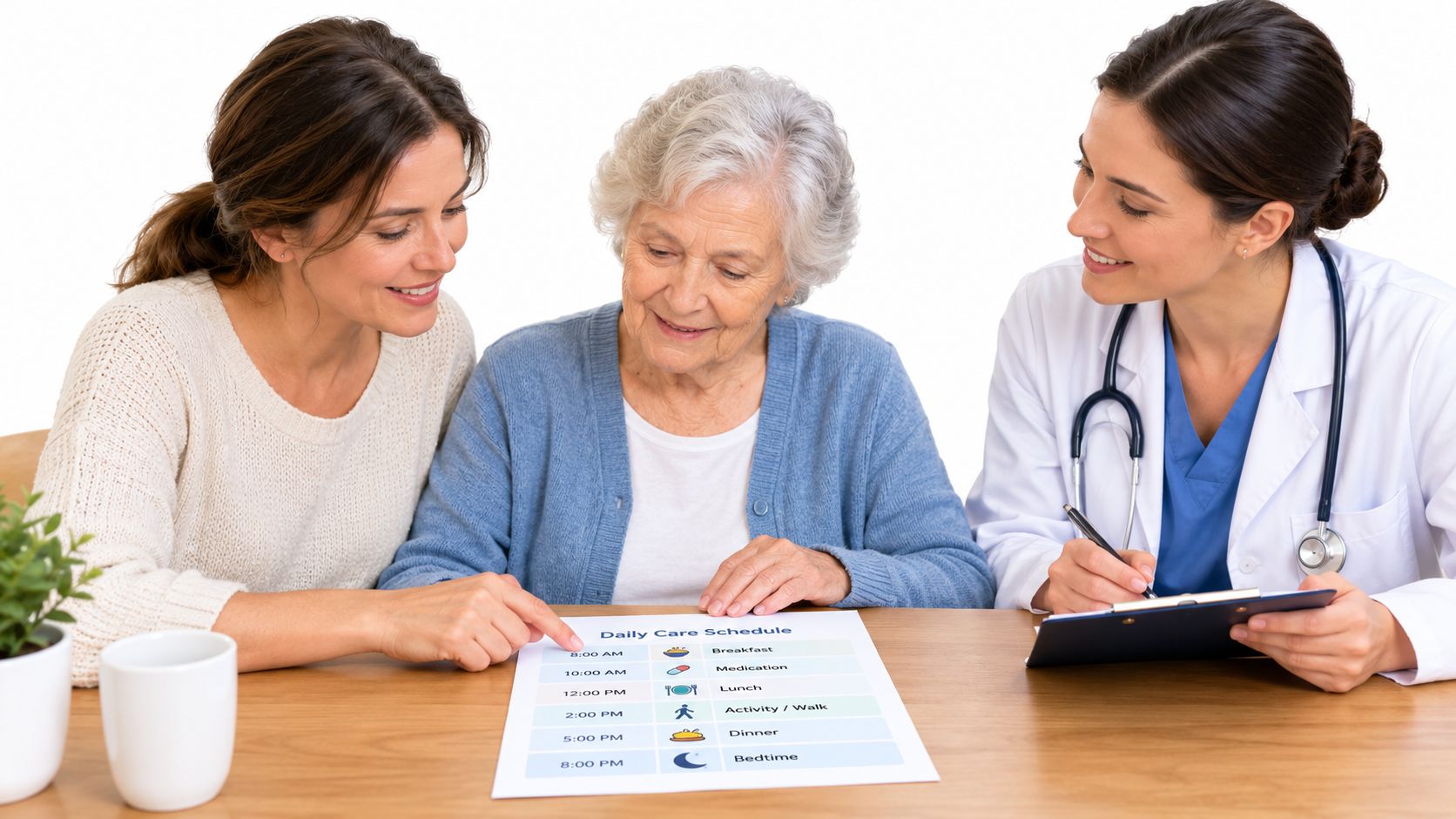 A caregiver and a doctor sitting with an elderly woman to discuss her daily care schedule