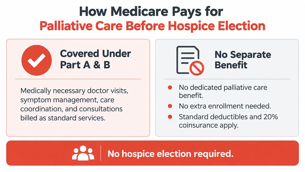 A chart explaining how Medicare covers palliative care services through standard Part A and B benefits.