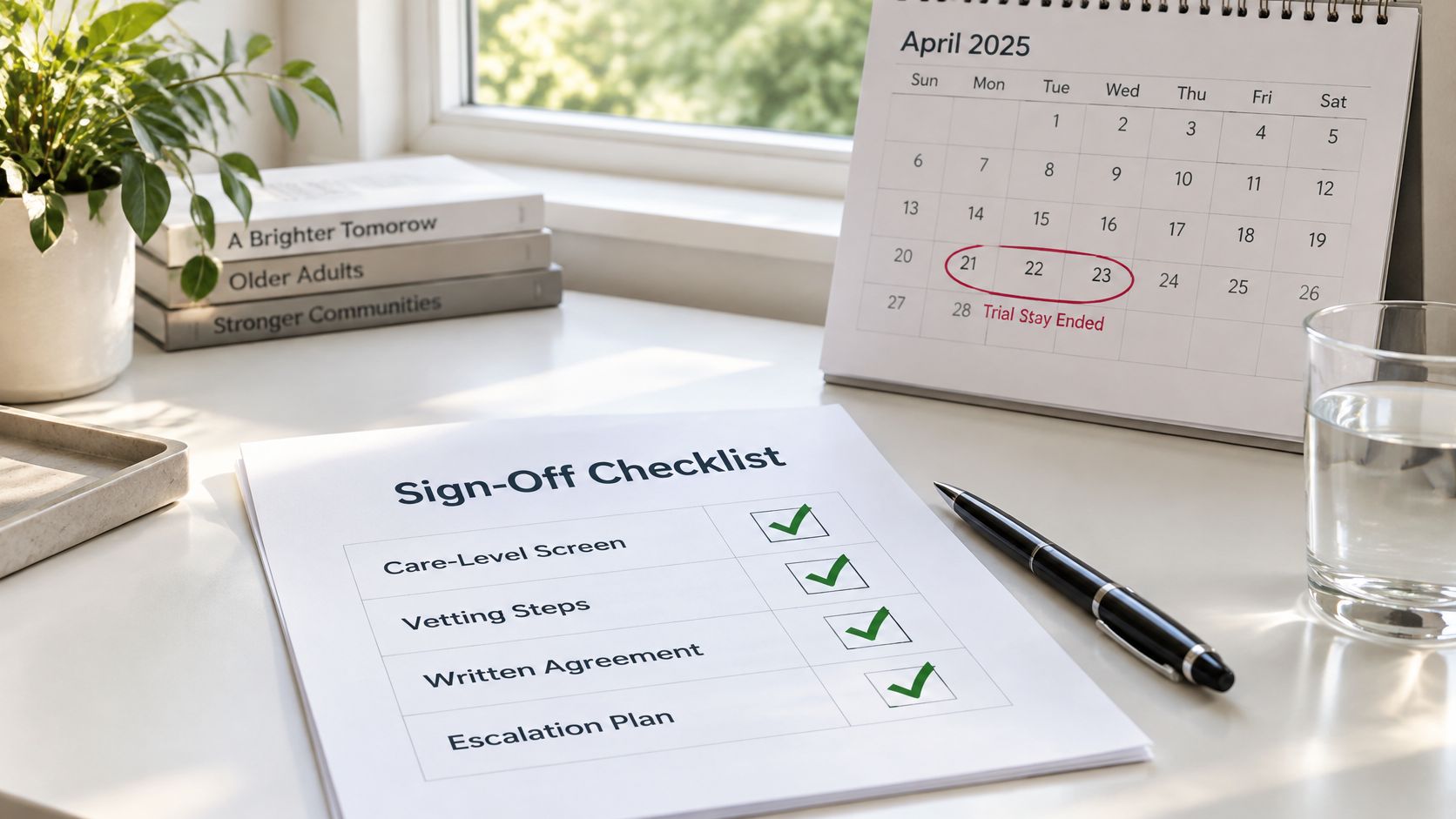 A sign-off checklist for senior house sharing lies on a desk next to a calendar and plant.