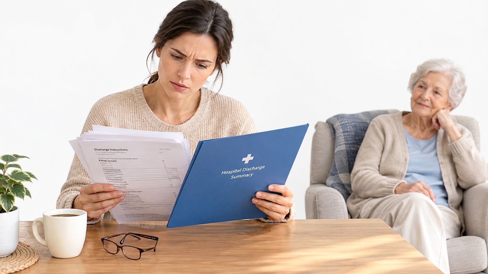 A concerned woman reviews hospital discharge papers while an elderly woman rests in a chair behind her.