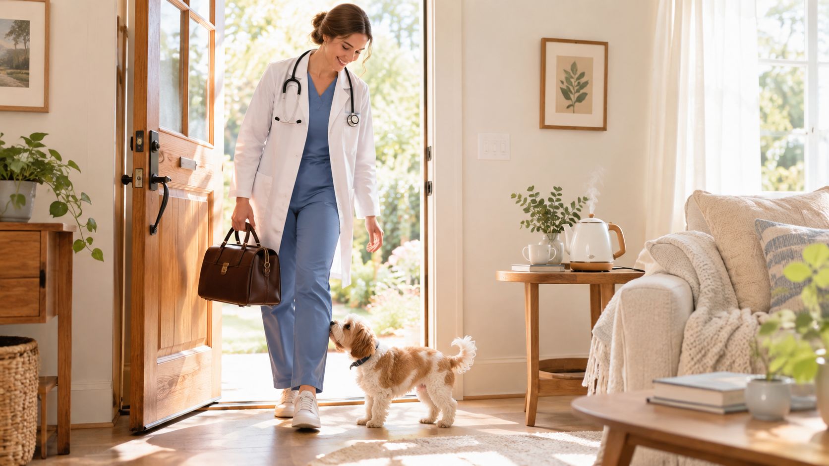 A female doctor with a medical bag arriving at a home to greet a small dog.