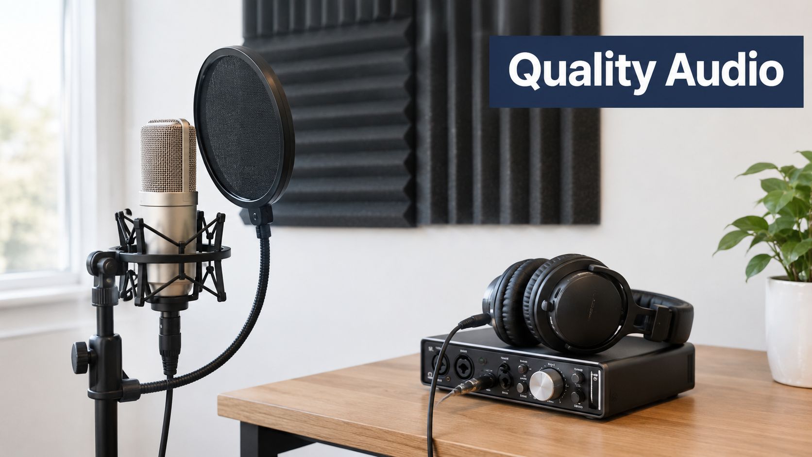 A professional microphone and headphones set up on a desk for podcasting or audiobook recording.