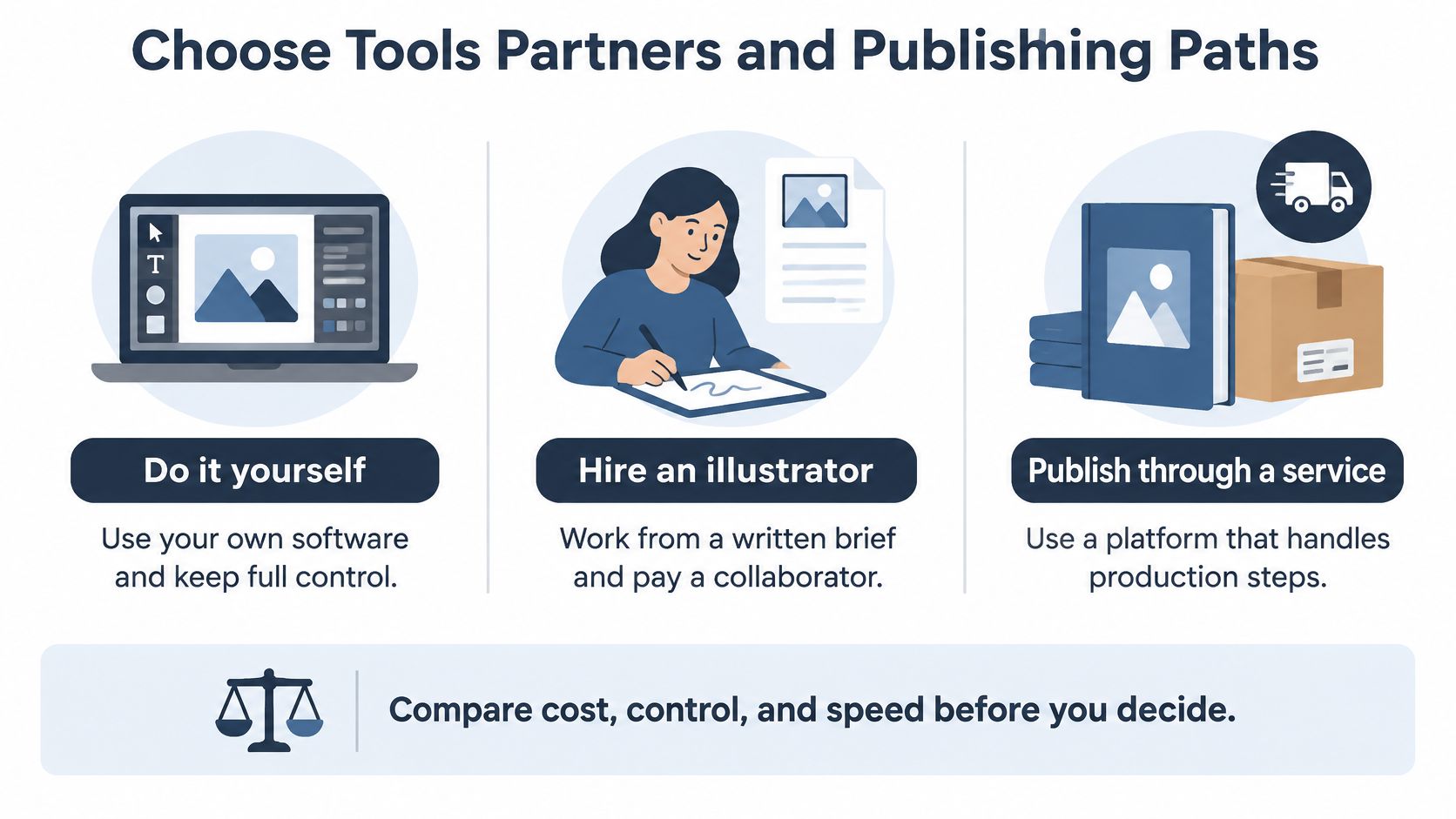 An infographic showing three publishing paths for creating a book including DIY, hiring an illustrator, or using services.