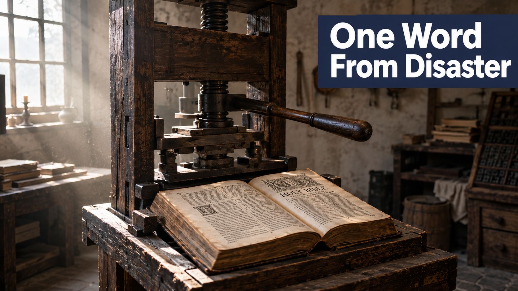 An antique wooden printing press displaying an open Holy Bible in a rustic, sunlit printing workshop.