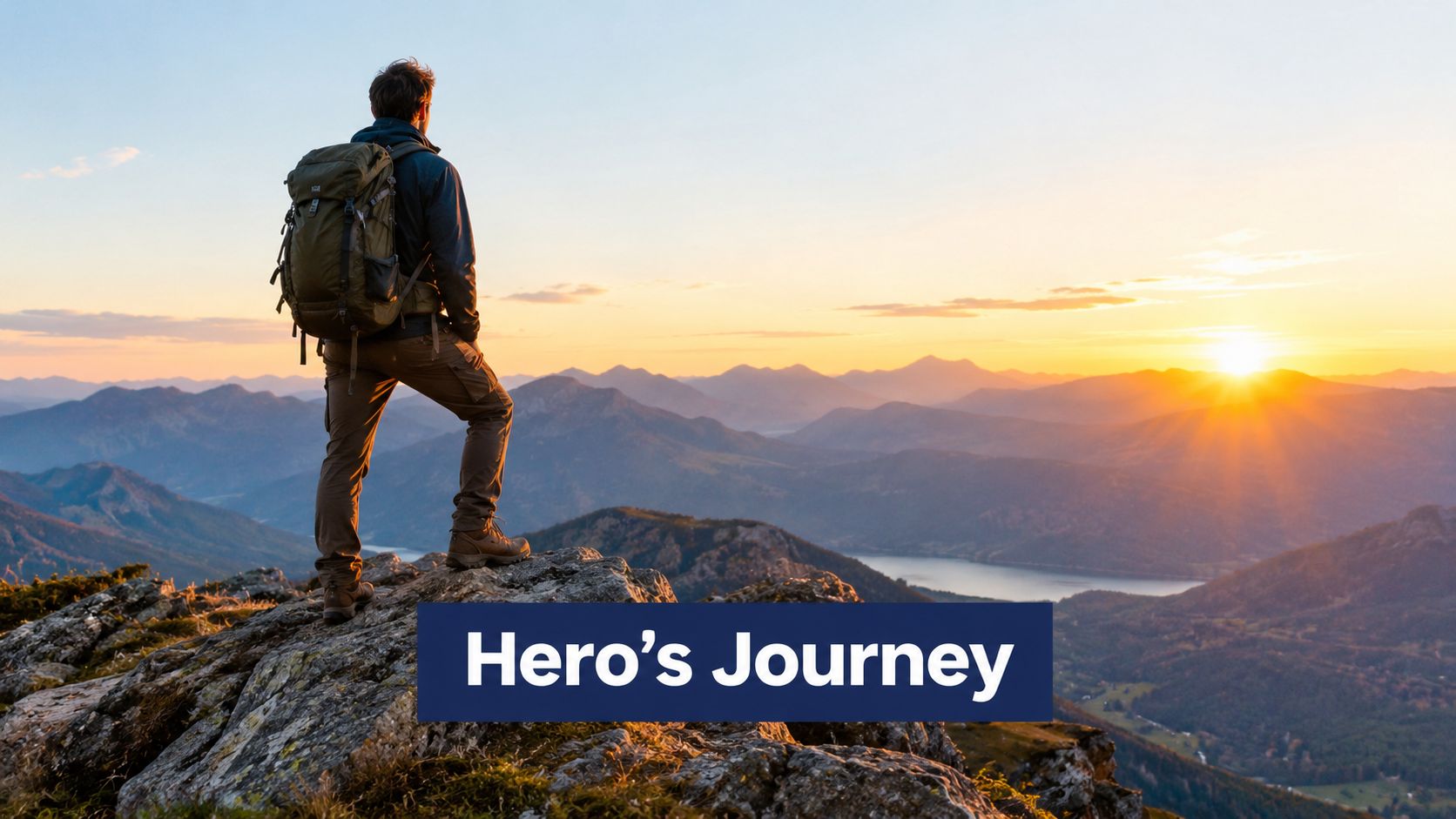 A lone hiker with a backpack standing on a mountain peak looking at the sunrise.