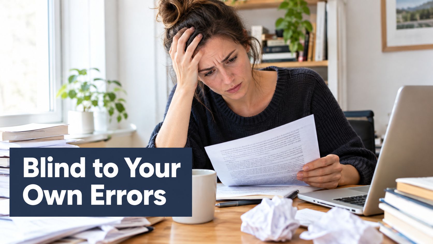 A frustrated woman sits at her desk looking at documents while proofreading or editing written work.