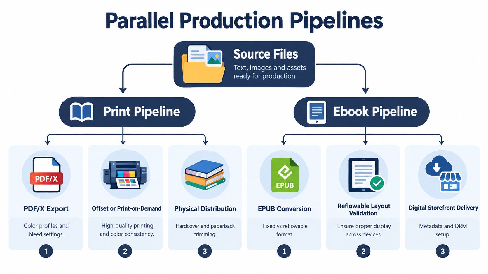 A diagram illustrating parallel production pipelines for book creation, showing distinct processes for print and ebook formats.