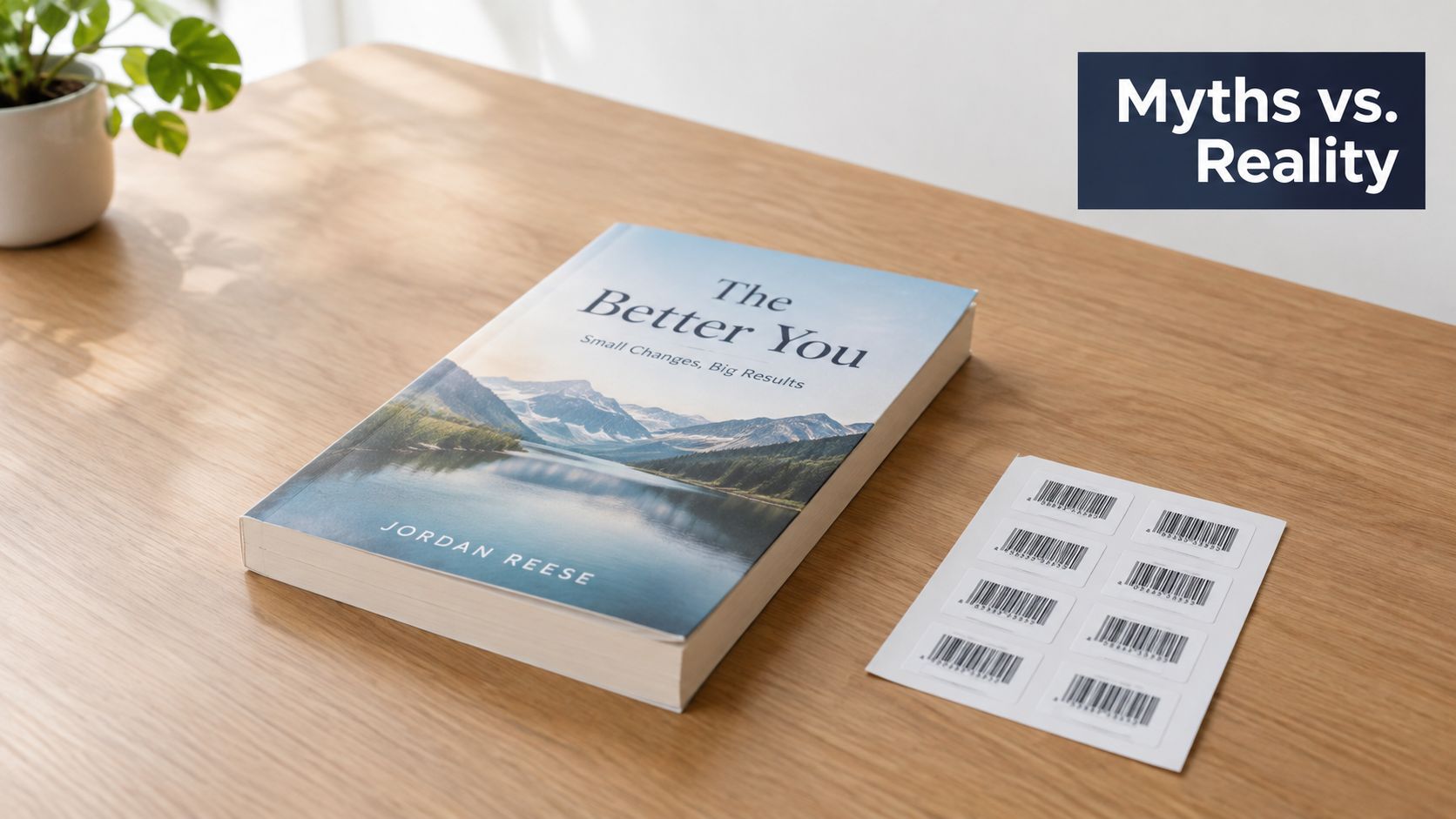 A book titled The Better You by Jordan Reese resting on a desk beside barcode stickers.