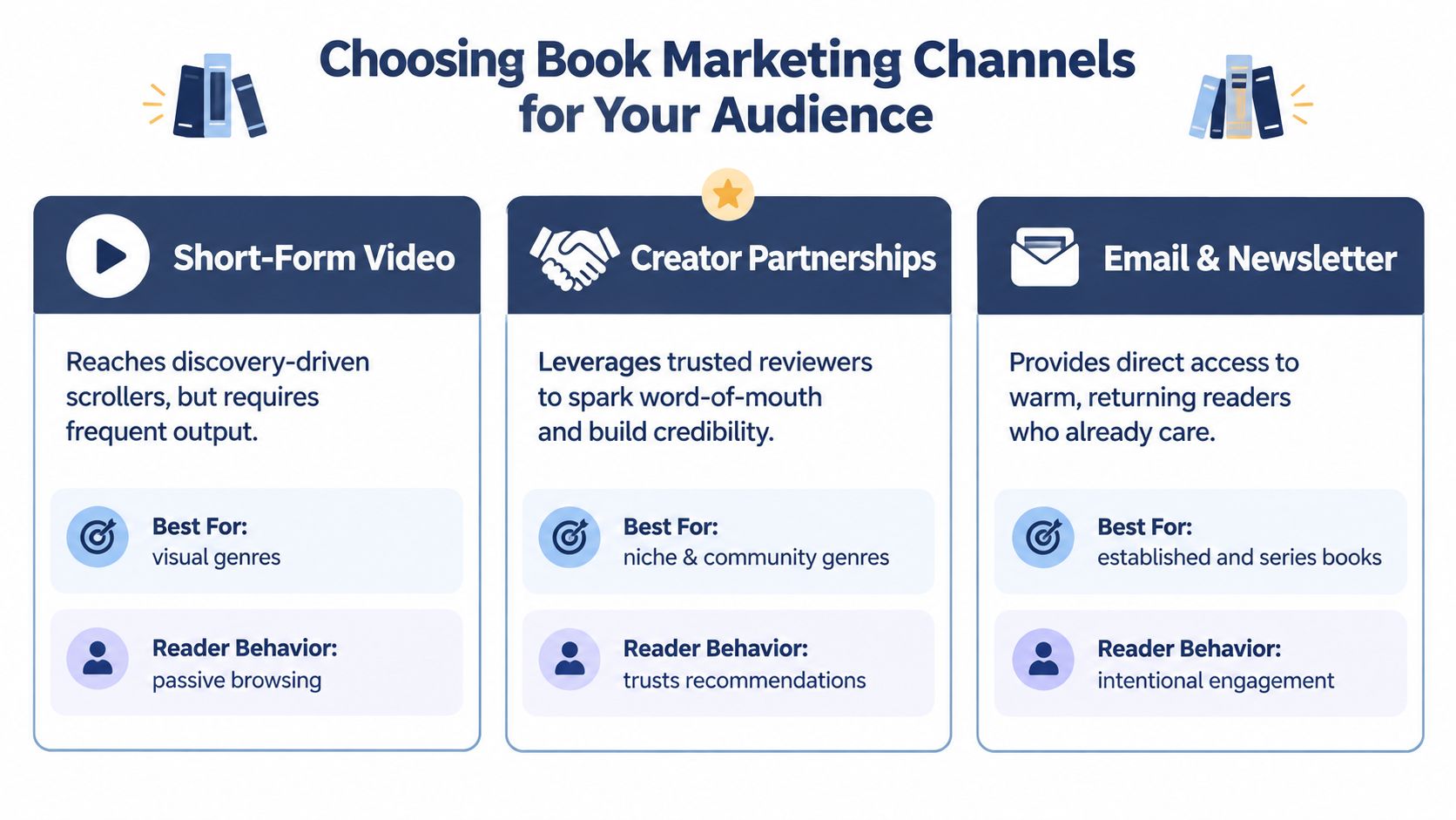 A chart showing three effective book marketing channels: short-form video, creator partnerships, and email and newsletters.