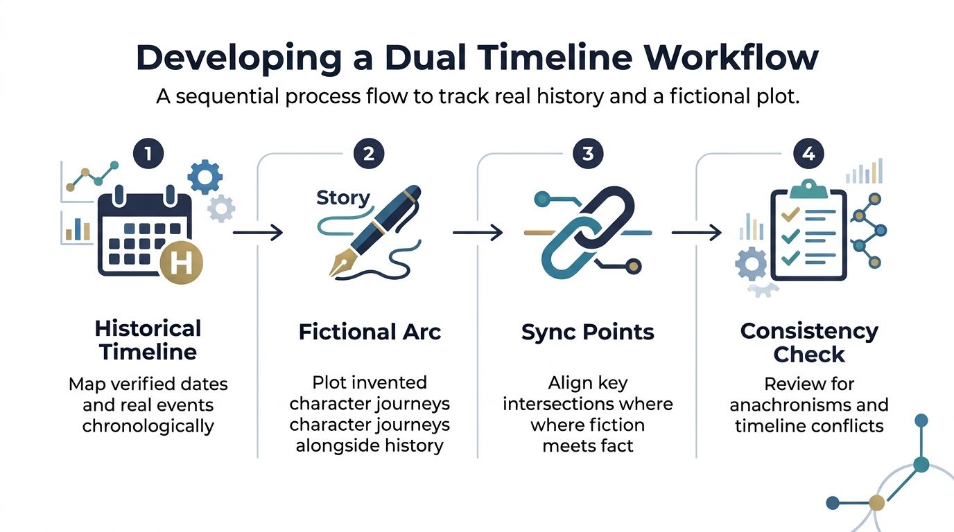 A four-step infographic showing a sequential workflow for creating a dual timeline in historical fiction writing.