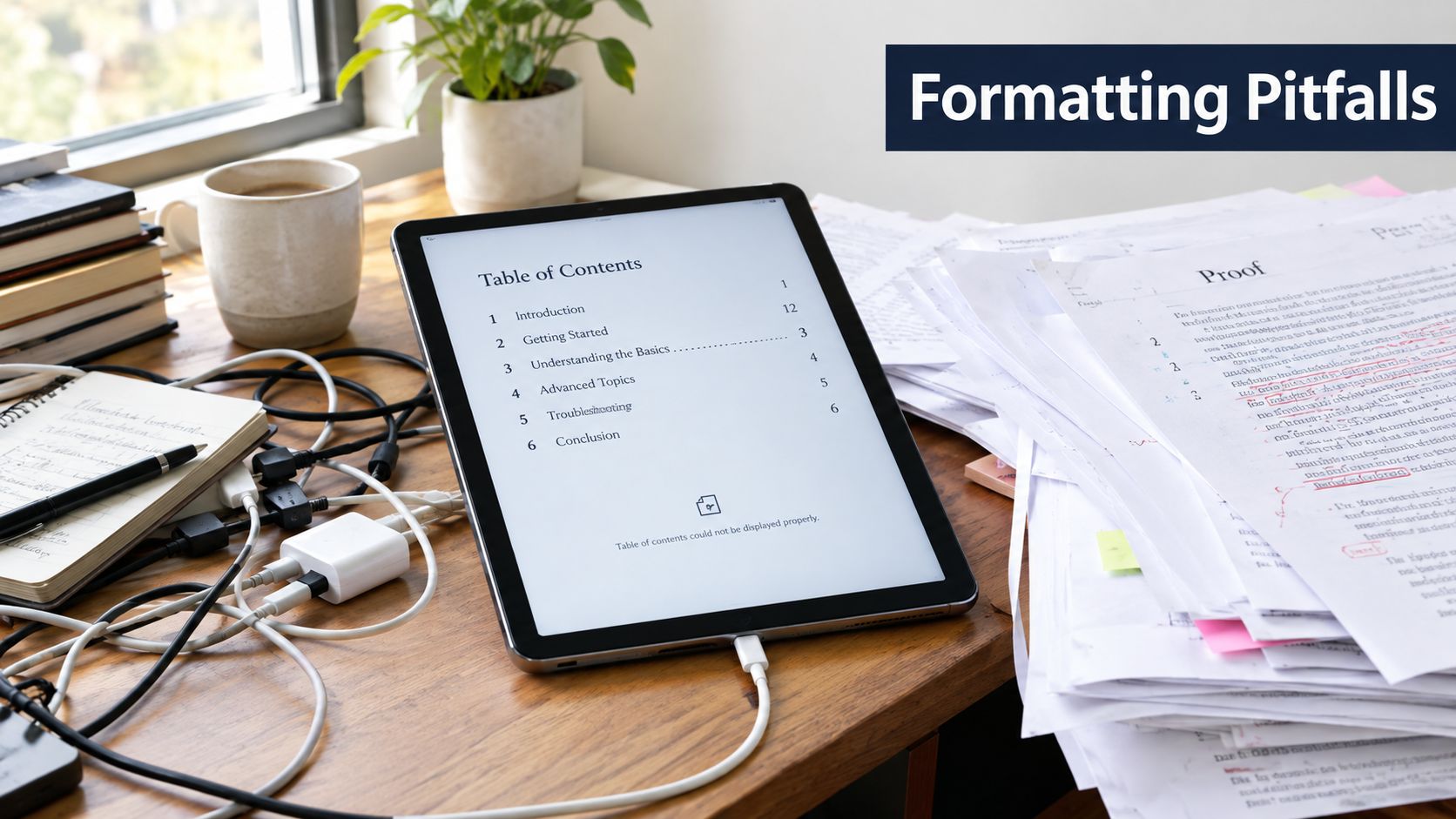 A digital tablet showing a table of contents on a desk surrounded by papers and cables.