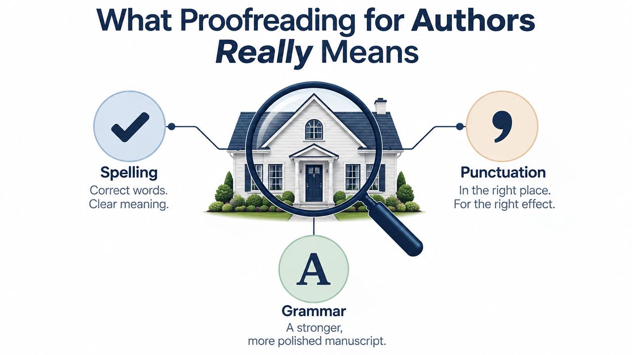 An infographic titled What Proofreading for Authors Really Means, highlighting spelling, punctuation, and grammar with icons.