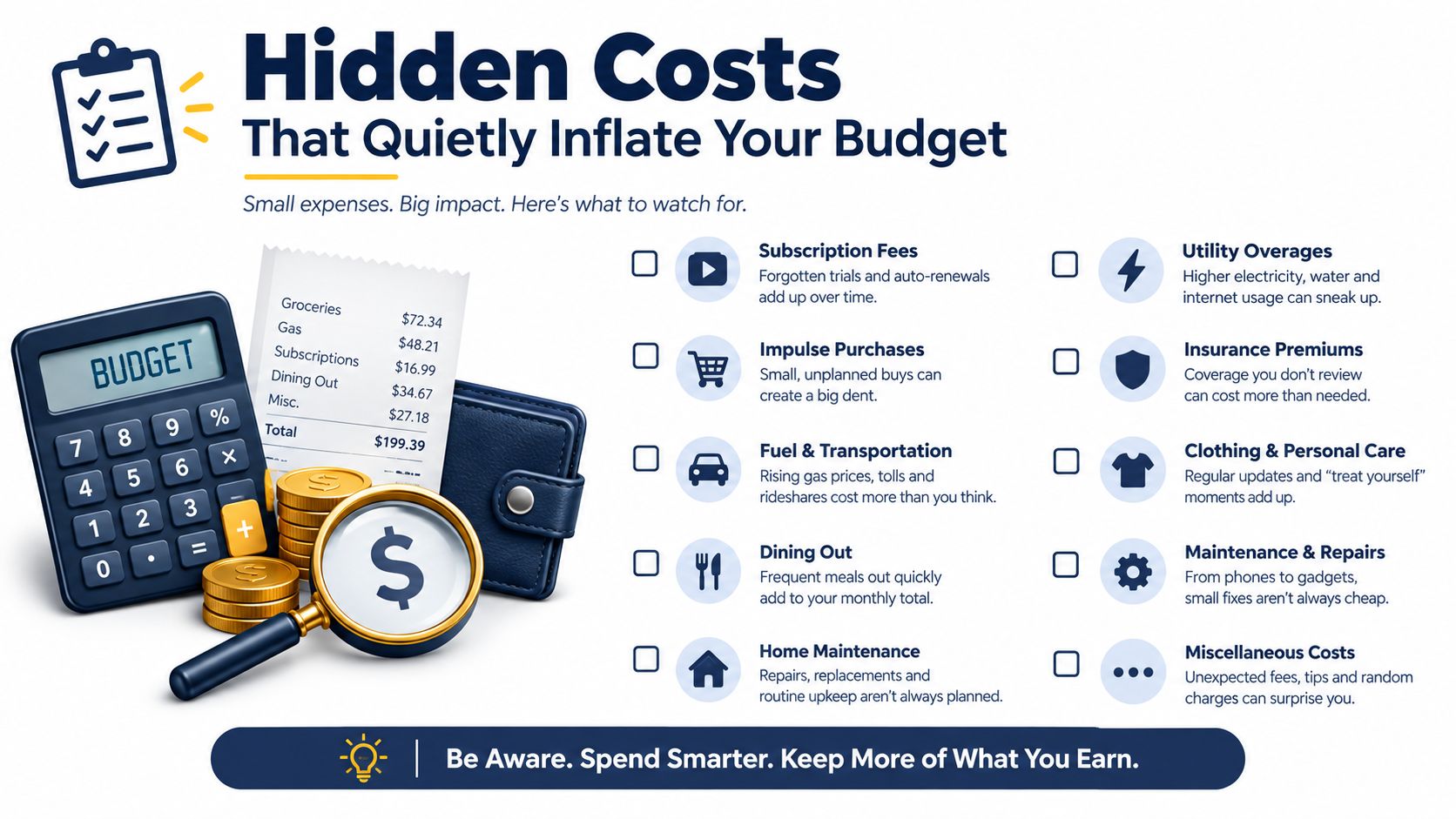 A visual guide illustrating ten common hidden financial costs that quietly inflate your personal monthly budget.