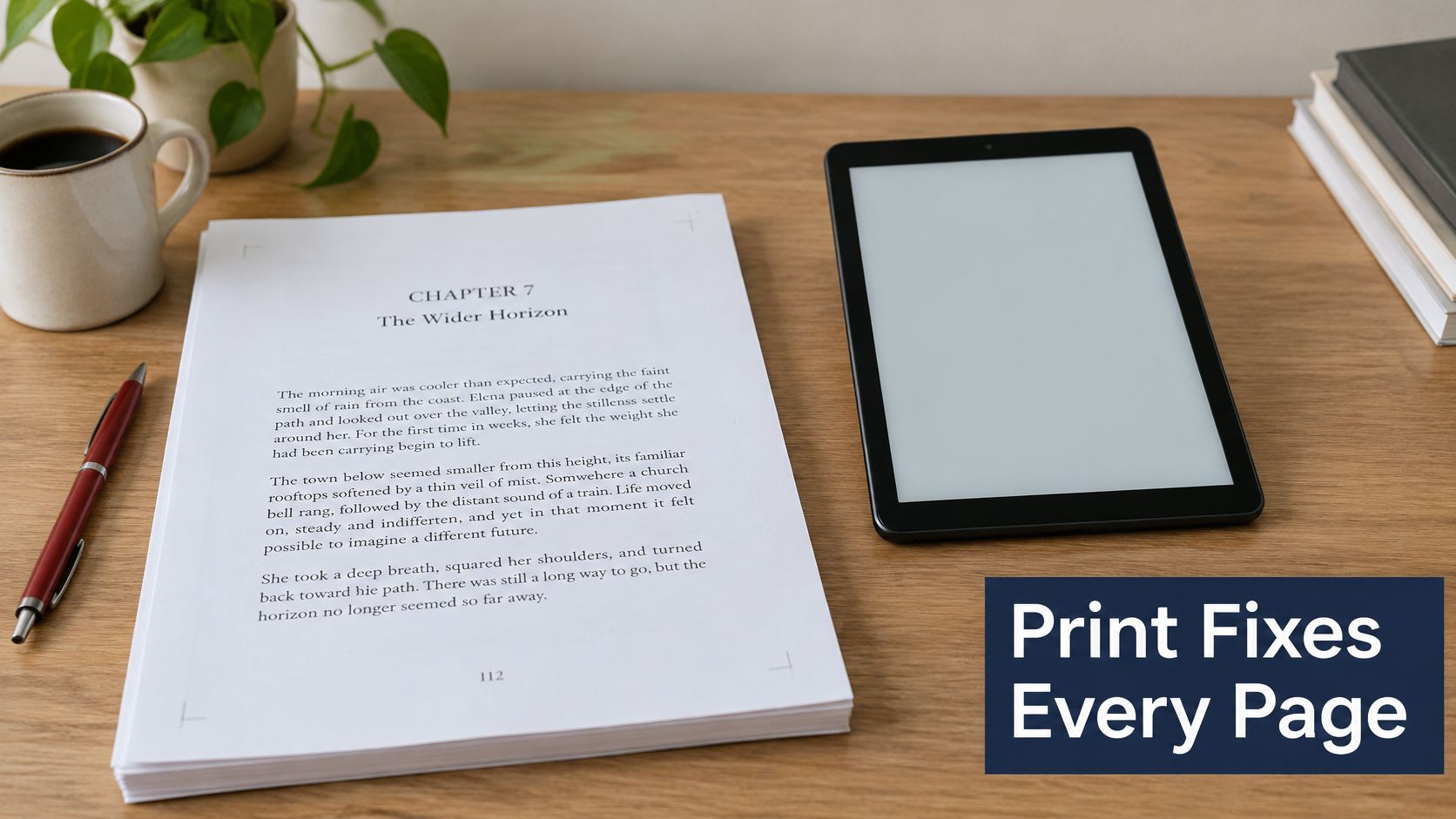 A printed book page with text beside a tablet, a coffee mug, and a pen on a desk.