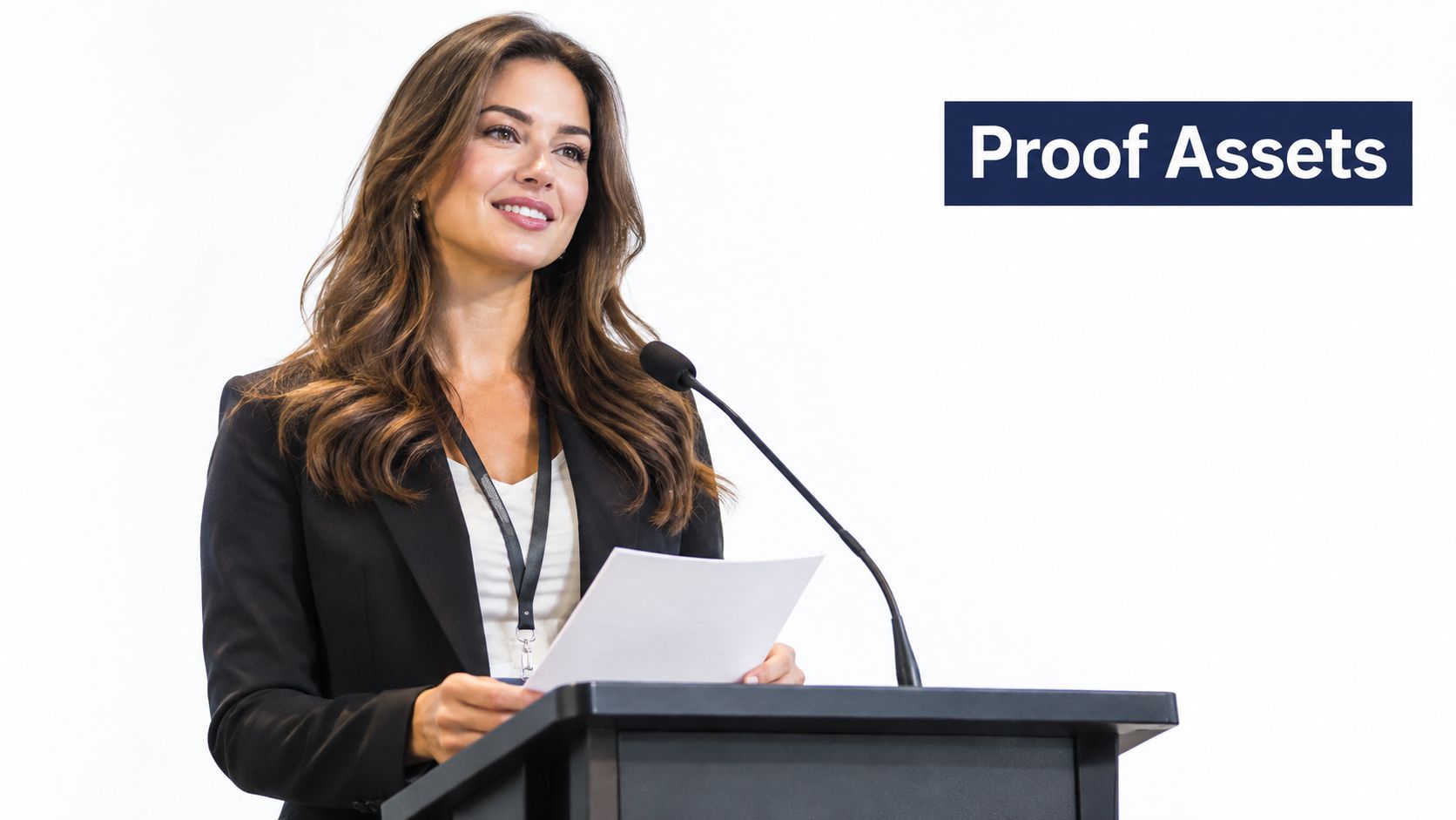 A professional woman in a black blazer presenting a speech from a podium with a microphone.