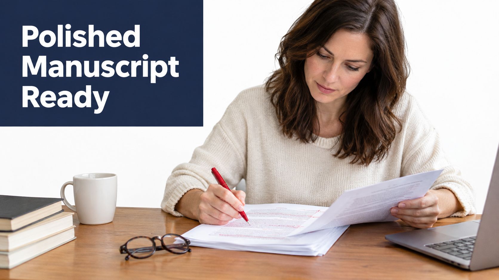 A woman at a desk editing a manuscript with a red pen, indicating a ready professional document.