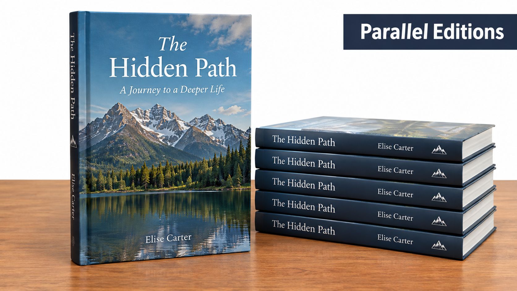 A stack of identical books titled The Hidden Path by Elise Carter sits beside an upright copy.