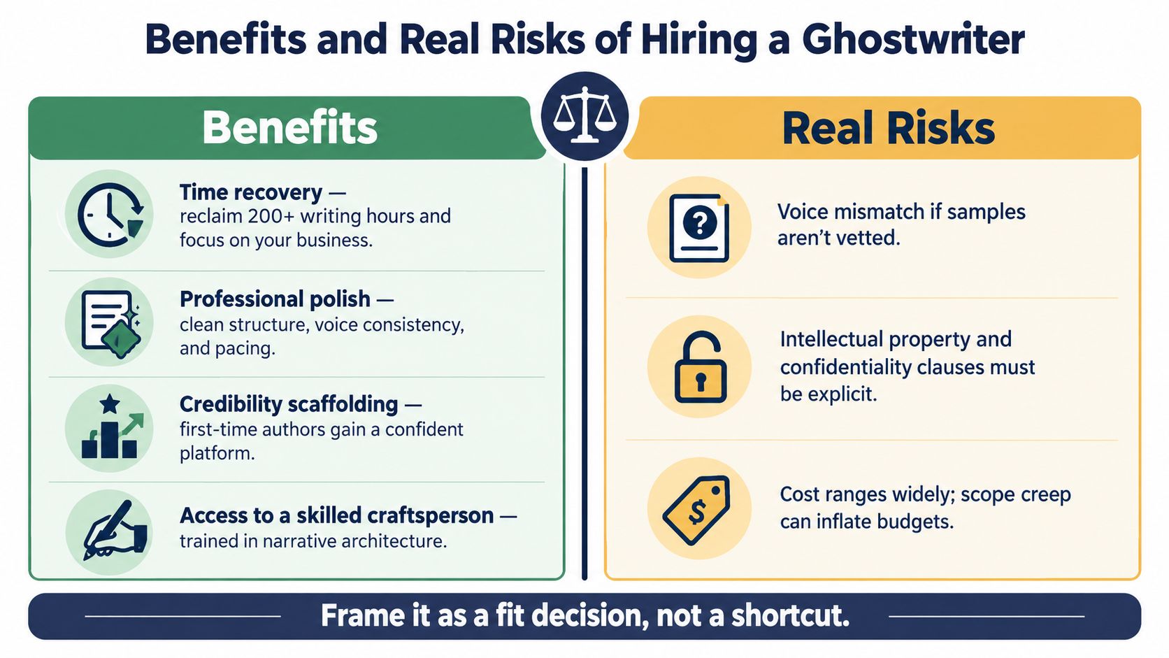 An infographic titled Benefits and Real Risks of Hiring a Ghostwriter comparing professional advantages and potential pitfalls.