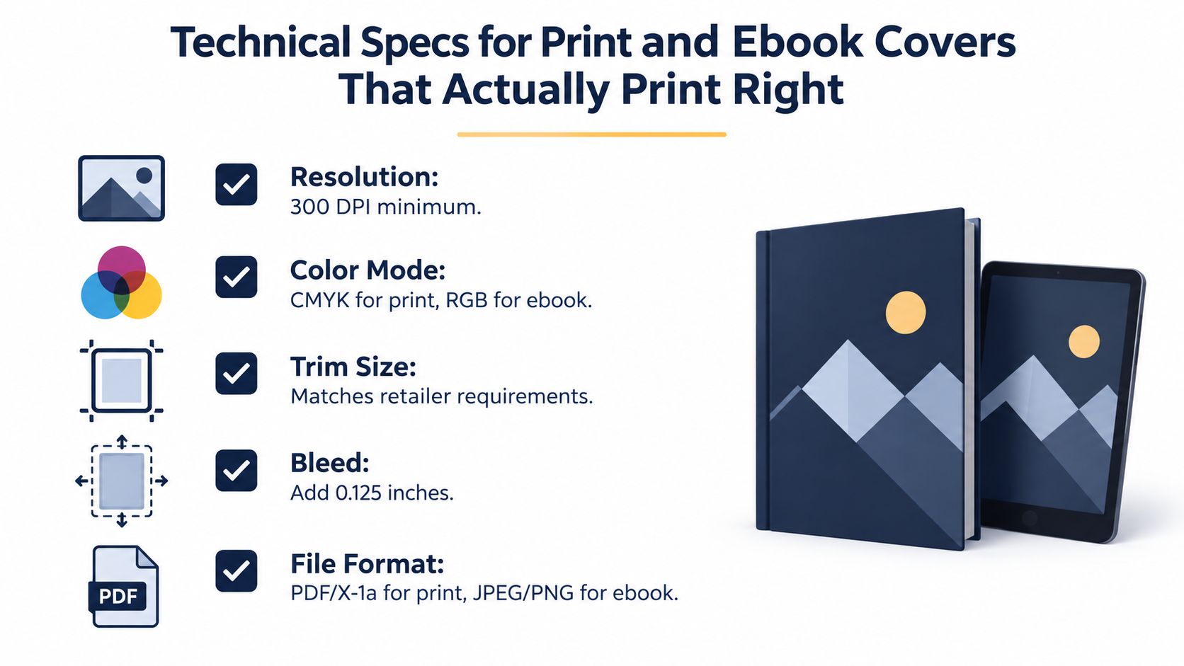 An infographic detailing essential technical specifications for print and ebook cover design including resolution, color, and format.