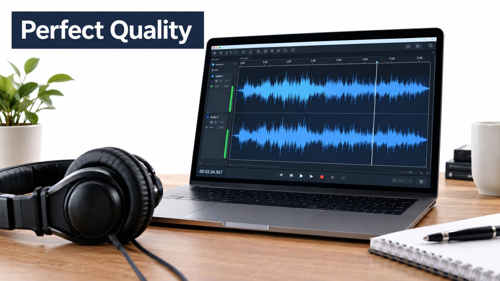 A modern laptop displaying an audio editing interface next to professional headphones on a wooden desk.