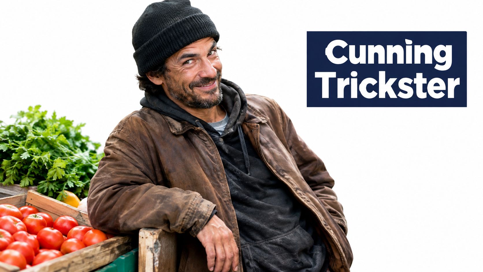 A smiling man wearing a beanie and brown leather jacket standing beside a crate of fresh produce.