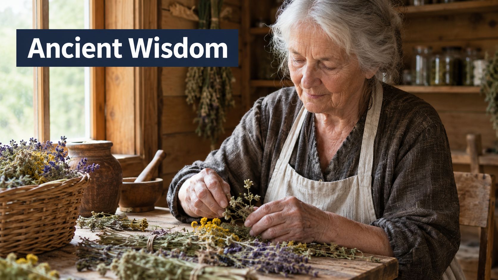 An elderly woman with grey hair carefully arranges dried herbs and flowers on a wooden table.