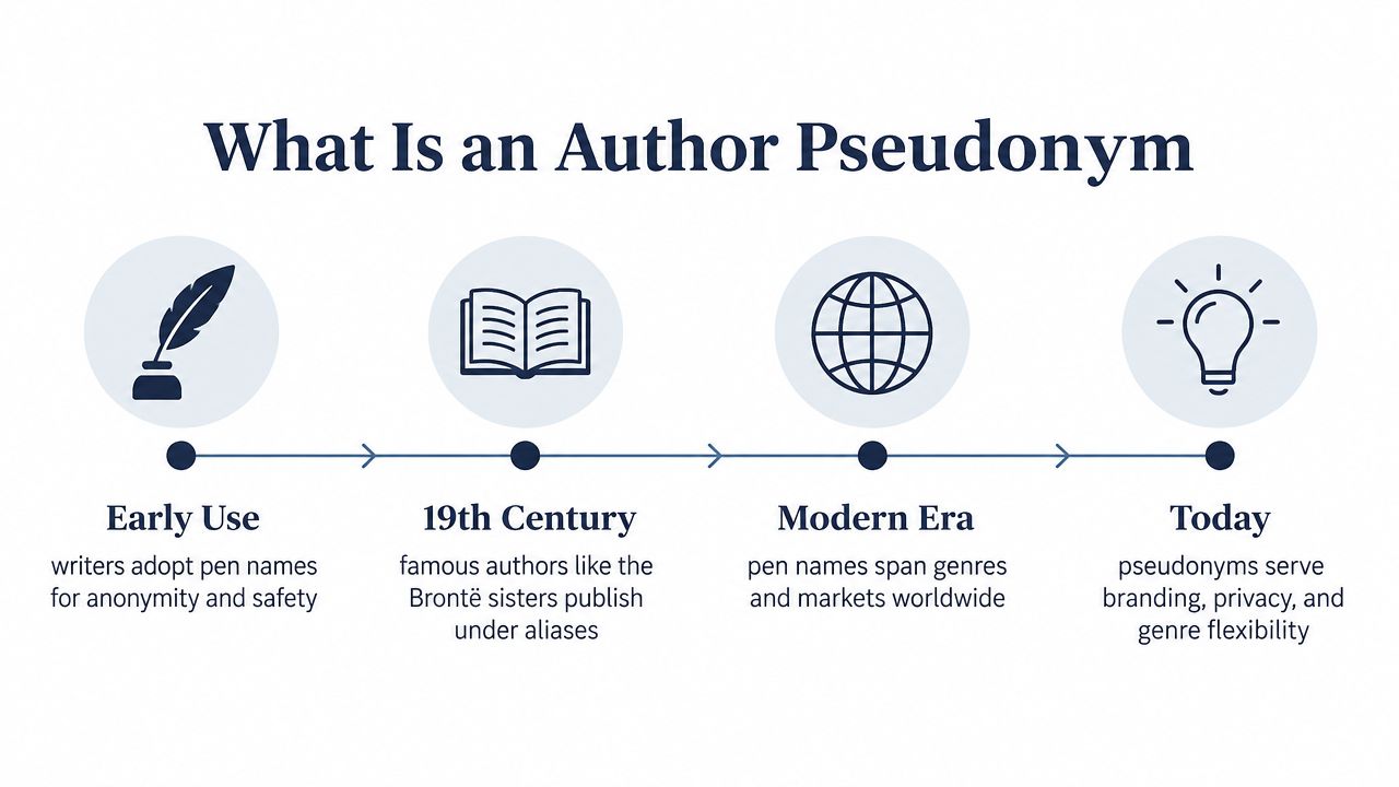 A timeline graphic showing the historical evolution and purpose of author pseudonyms from early usage to today.