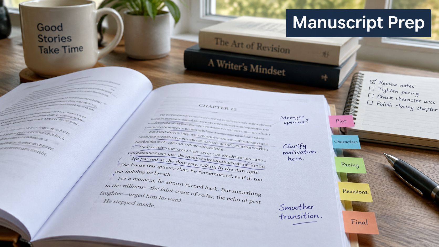 A writer's desk featuring a manuscript book with editorial notes, a coffee mug, and organized sticky tabs.